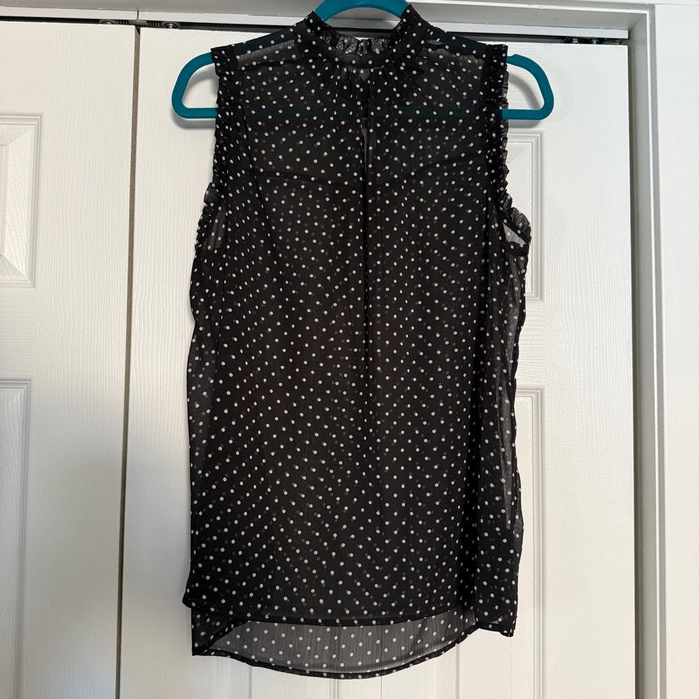 Black and White Polka Dot Sleeveless Top, ruffled, Who What Wear, high collar